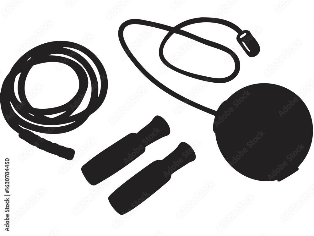 Poster illustration of a jump rope coiled next to handles and a speed jump rope on a white background creat