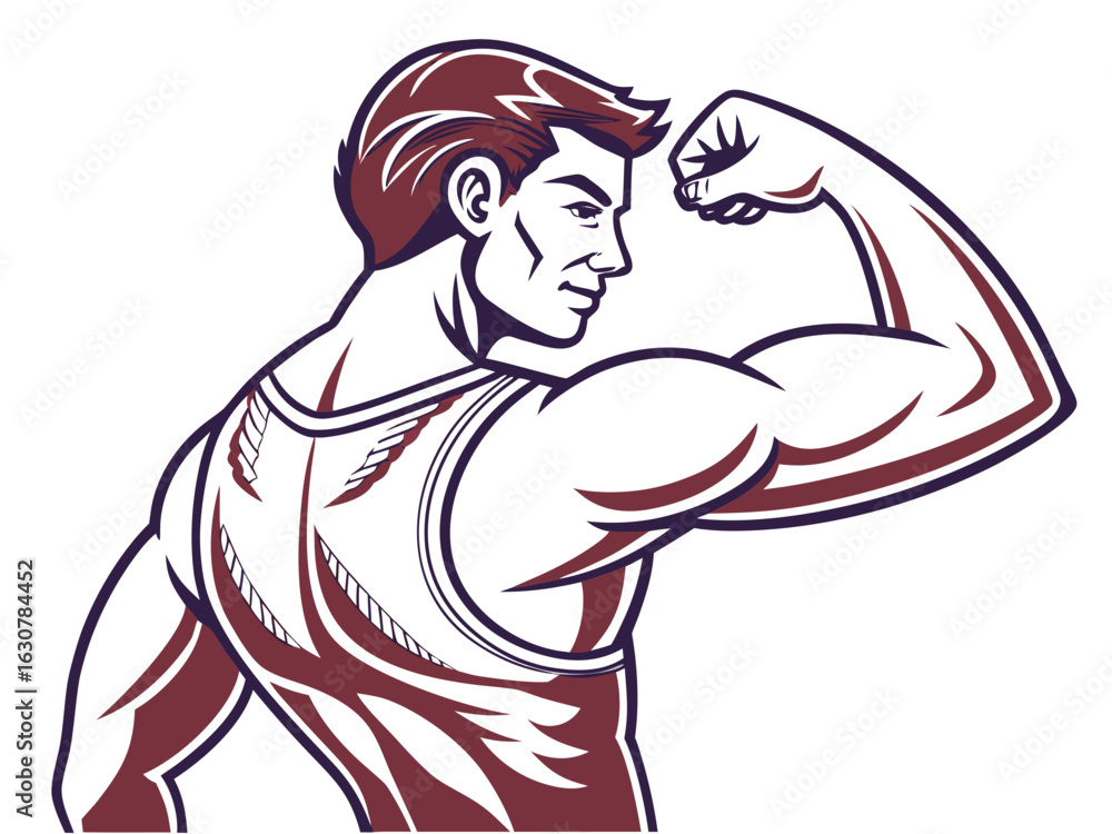 Poster illustration of a muscular man flexing his bicep while wearing a tank top with a unique design on th