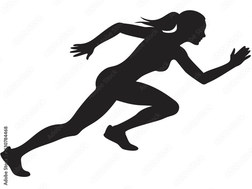 Poster silhouette of a woman running with ponytail and outstretched arms in forward motion on a white backg