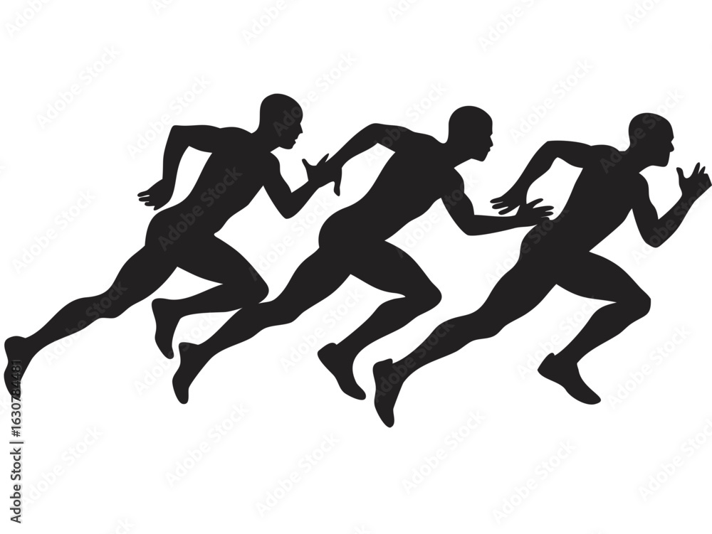 Poster silhouetted runners in full sprint race against each other in a competitive athletic event shown her