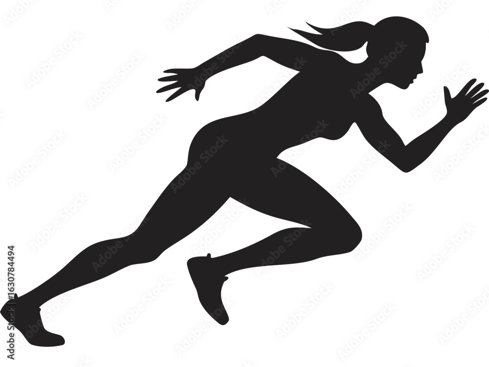 Poster silhouette of a woman running with ponytail and athletic shoes in a dynamic pose on a white backgrou