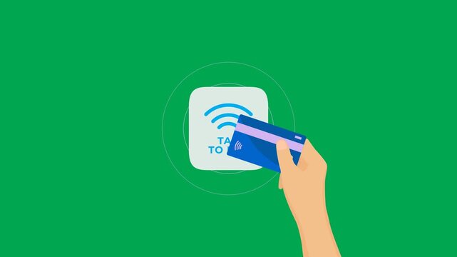 Tap to pay contactless flat animation with hand holding credit card near payment terminal on green screen. 4K animated for transaction explainer, business, and online payment motion.