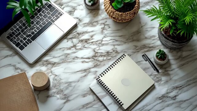 Modern workspace with laptop, plants, and notebook on marble background.  Ideal for business or