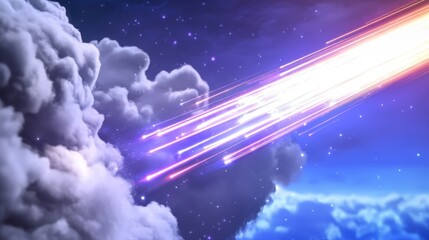 A bright light streaks through the sky, leaving a trail of purple and blue