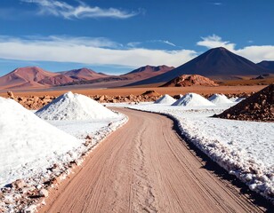 Dusty road winds through a landscape of salt and mountains
