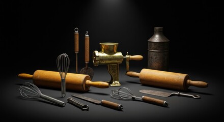 Vintage kitchen tools on dark background