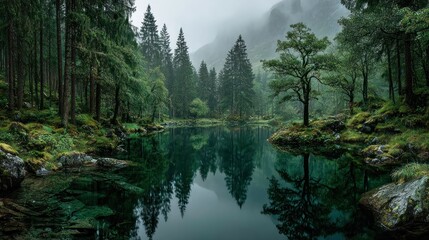 Misty forest lake, tranquil reflections