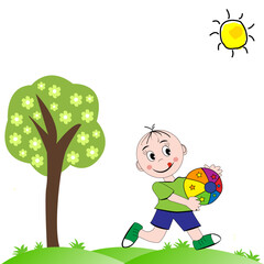 Paisaje con niño jugando a la pelota.