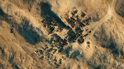 Top down Satellite view of an ancient lost city half-buried in sand mysterious ruins golden desert tones