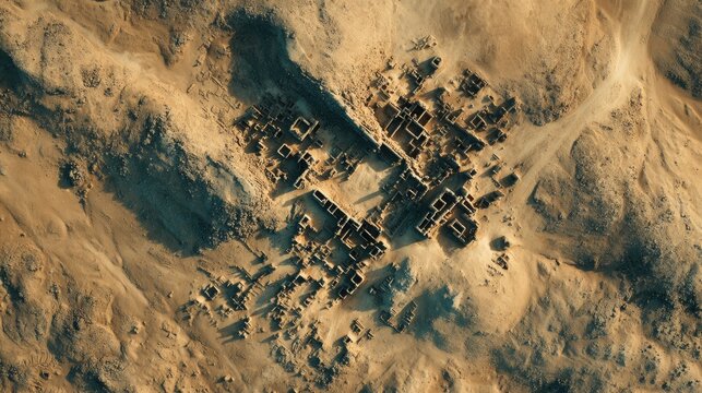 Top down Satellite view of an ancient lost city half-buried in sand mysterious ruins golden desert tones