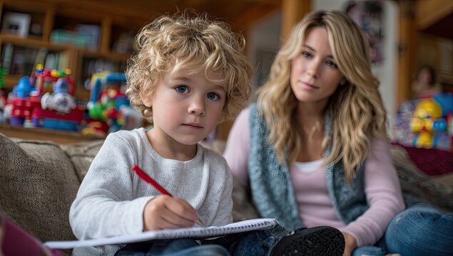 A young boy with curly hair wearing jeans and white shirt is sitting on the couch, drawing in his notebook while another girl nearby plays at home