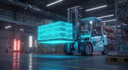 Fototapeta premium Warehouse forklift with glowing load