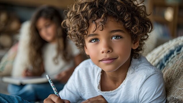 A young boy with curly hair wearing jeans and white shirt is sitting on the couch, drawing in his notebook while another girl nearby plays at home