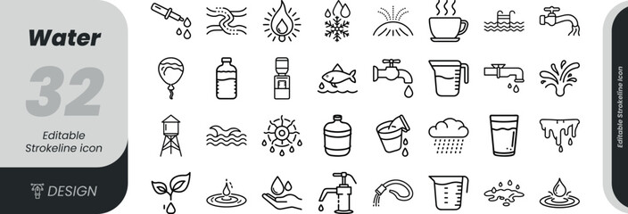 Vector art of assortment of waterrelated icons, including drinks, nature, and weather elements, isolated on white background transparent background
