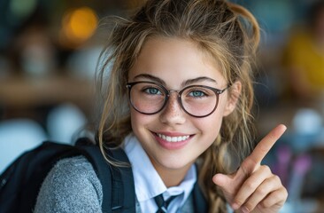 A young girl with glasses and a backpack is smiling and pointing to the right side, standing in an open shopping mall area.