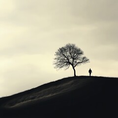 Serene man walking towards tree on hill