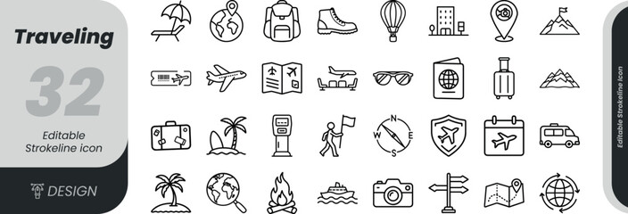 Vector art of collection of travel and adventure icons, including transportation, destinations, activities, and essential travel items, isolated on white background transparent background