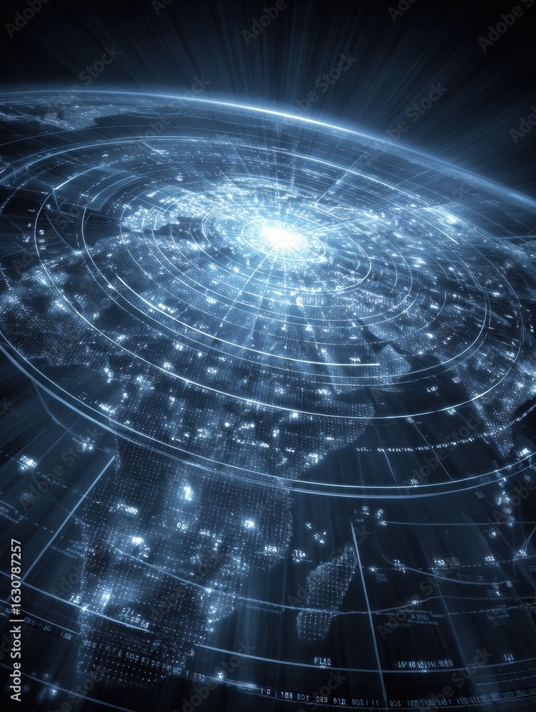 Poster visual representation of earth and space with glowing networks and cosmic light effects captured fro