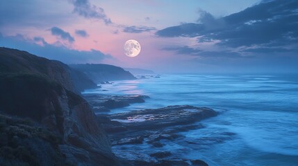 A serene coastal scene at dusk, featuring a bright full moon illuminating the ocean and rocky shoreline under a colorful sky.