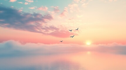 A serene sunrise over calm waters, with birds flying against a pastel sky filled with clouds and soft hues.