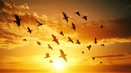 Obraz premium A beautiful sunset with numerous birds flying across the sky, creating a serene and picturesque scene.