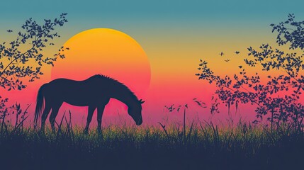 Fototapeta premium A serene silhouette of a horse grazing at sunset, framed by colorful skies and gentle foliage, creating a peaceful and tranquil atmosphere.