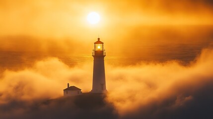 A serene lighthouse stands amidst golden fog, illuminated by a radiant sun, casting a tranquil atmosphere over the surrounding ocean.