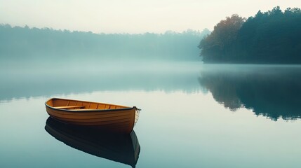 A serene wooden boat floats on a misty lake, surrounded by lush trees, creating a tranquil and peaceful atmosphere.