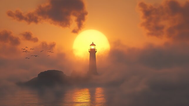 A serene lighthouse silhouette against a vibrant sunset, surrounded by clouds and birds flying over calm waters.