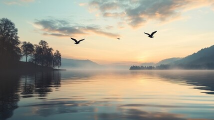A serene lakeside scene at sunrise, featuring calm waters, silhouettes of trees, and birds flying in the sky, creating a peaceful atmosphere.
