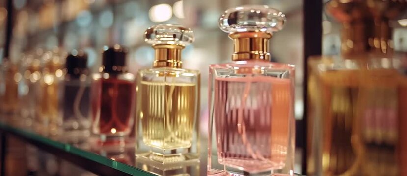 Shoppers in the cosmetics and household chemicals store A blurred view of a large perfume shop featuring perfumes and cosmetics Customers in the perfume shop are examining