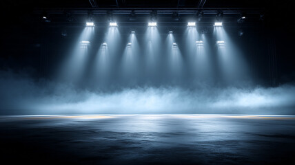Empty Stage Flooded with Dramatic Spotlights and Rolling Fog, setting an anticipatory scene for performances, product reveals, and unforgettable public moments.