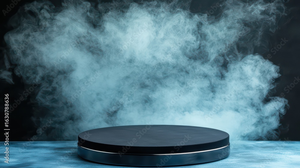 Poster smoke background with empty round display stand 60 characters