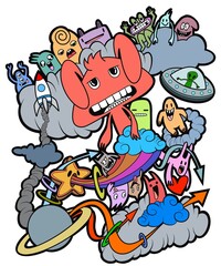 Hand-drawn illustrations, monsters doodle, Hand Drawn cartoon monster illustration,Cartoon crowd doodle hand-drawn Doodle style.