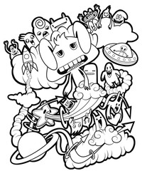 Hand-drawn illustrations, monsters doodle, Hand Drawn cartoon monster illustration,Cartoon crowd doodle hand-drawn Doodle style.black and white stripes coloring  book.