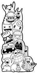 Hand-drawn illustrations, monsters doodle, Hand Drawn cartoon monster illustration,Cartoon crowd doodle hand-drawn Doodle style.black and white stripes coloring  book.