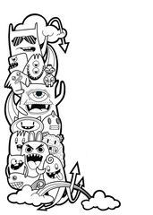Hand-drawn illustrations, monsters doodle, Hand Drawn cartoon monster illustration,Cartoon crowd doodle hand-drawn Doodle style.black and white stripes coloring  book.