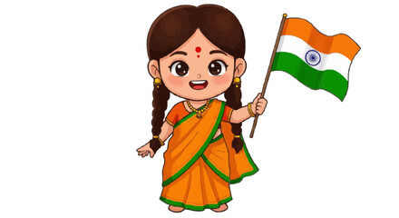 Indian Girl Cartoon Vector &ndash; Saree Character Holding National Flag