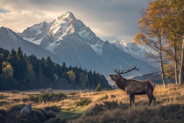 Elk and deer graze on a green summer mountain pasture in the wild alpine landscape