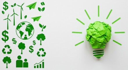 Sustainable business and green energy investment concept with ecological icons and an innovative idea lightbulb on a classic white background.