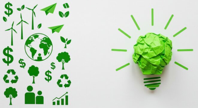 Sustainable business and green energy investment concept with ecological icons and an innovative idea lightbulb on a classic white background.
