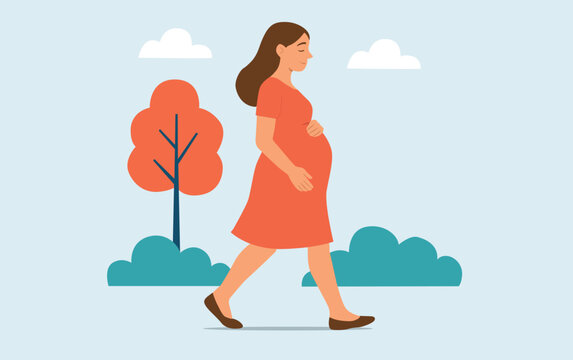 Ilustraci&oacute;n vectorial de una mujer embarazada caminando tranquilamente por un parque. La escena transmite bienestar, salud durante el embarazo y conexi&oacute;n con la naturaleza. 