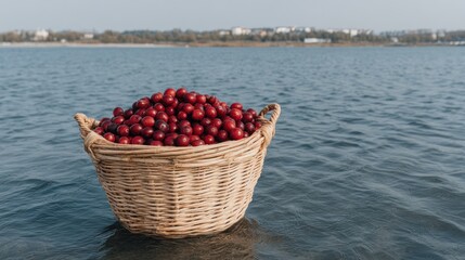 Basket filled with cranberries floating on water with a scenic background