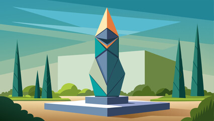 A modern geometric sculpture standing tall in one corner of the garden providing a unique focal point and adding an artistic touch to the space.