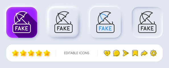 Fake news line icon. Neumorphic, Flat shadow, 3d buttons. Protection from propaganda sign. Umbrella protect symbol. Line fake news icon. Social media icons. Vector