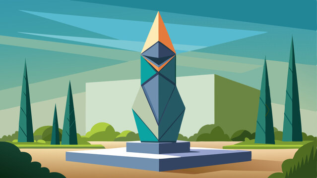 A modern geometric sculpture standing tall in one corner of the garden providing a unique focal point and adding an artistic touch to the space.