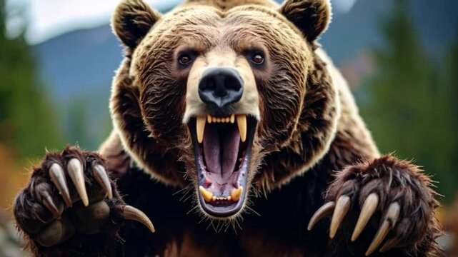 An angry grizzly bear growls and snarls directly at the camera, captured in a cinematic shot with dramatic lighting that highlights its raw power, fierce expression, and untamed wilderness energy