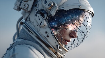 Astronaut with shattered visor and galaxy reflection in a space exploration portrait
