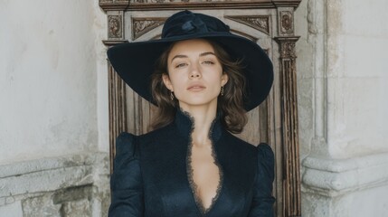 Elegant woman in a hat and vintage dress posing near wooden door