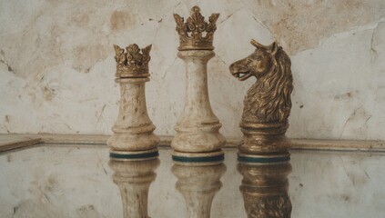 Chess Pieces on Mirrored Surface Reflecting Classic Luxury and Strategy